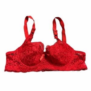 Y2K European Vintage Longline Floral Lace Demi Bra Bow Detail (Red) Size 36C M/L